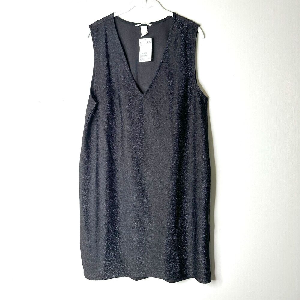 H&M Dress Women L Black Mini V-neck Shimmery Shift Party Evening Clubwear NWT